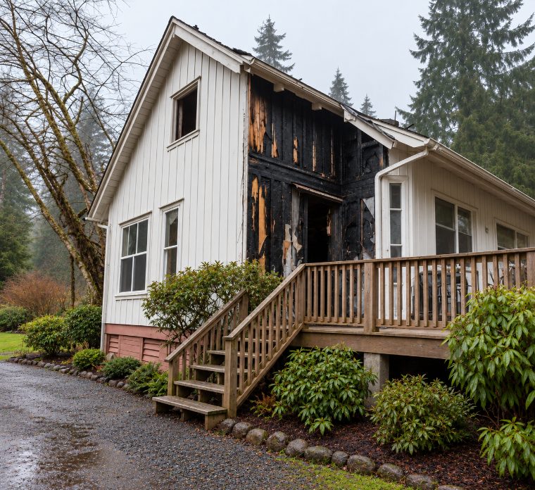 Burnt exterior siding and windows of a damaged home