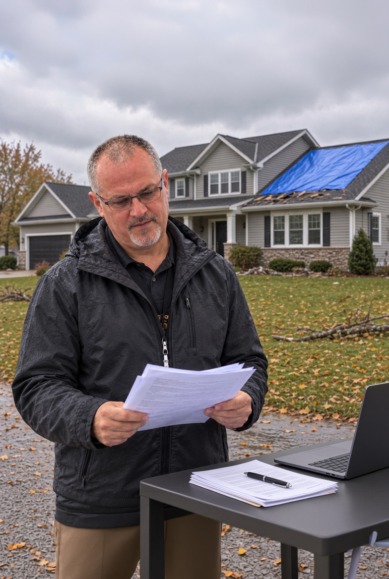 Public adjuster reviewing policy documents at the tailgate of a truck outside a storm-damaged home with a tarped roof