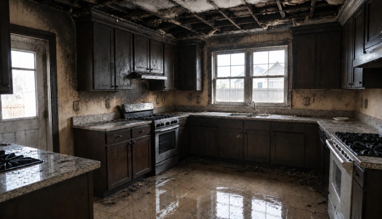 Kitchen with fire-damaged cabinets and ceiling