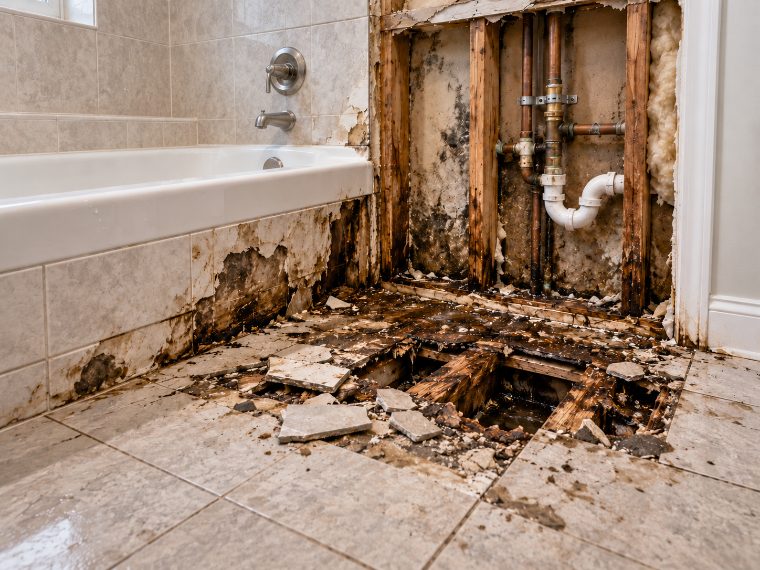 Rotted bathroom wall with exposed plumbing behind the tub