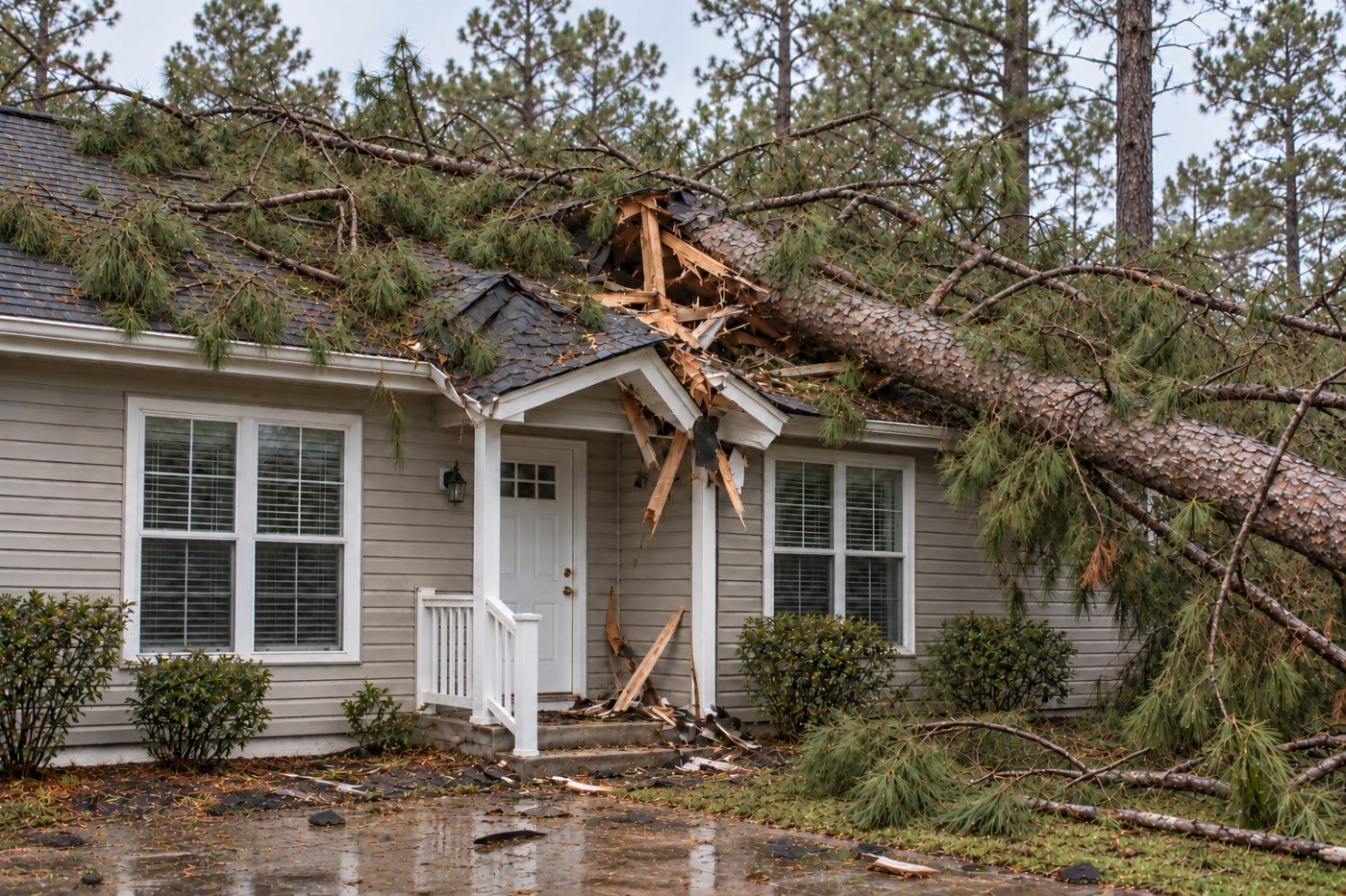 Pine tree fallen across the roof and entry portico of a home