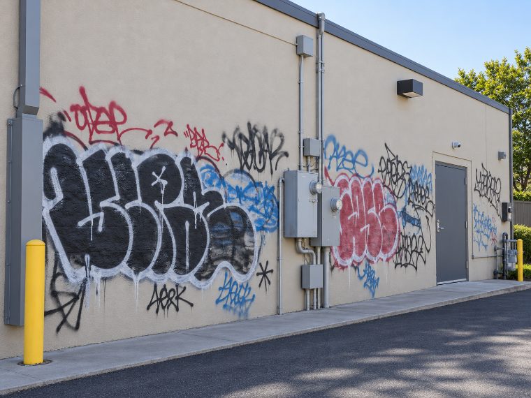 Exterior commercial wall covered in graffiti